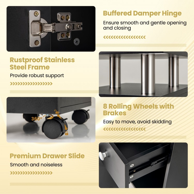 Close-up of the rustproof stainless steel frame and buffered damper hinge on the black manicure table for durability.
