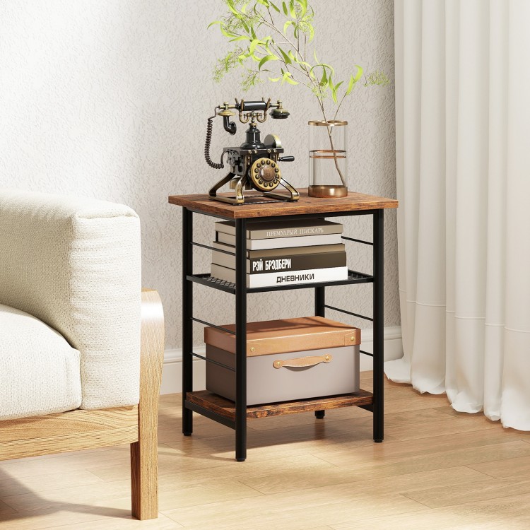 Rustic brown 3-tier end table with metal frame, adjustable shelves, and space-saving design for versatile storage.