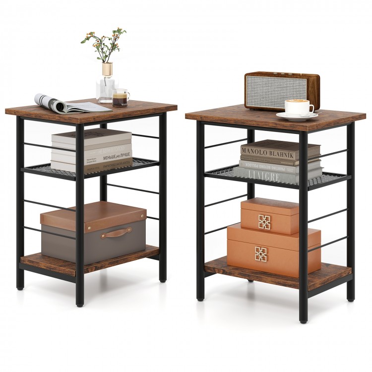 Rustic brown 3-tier end table set with metal frame and adjustable shelves, perfect for side or bedside use.