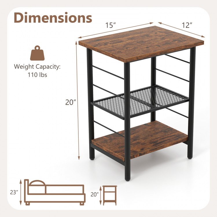 3-tier end table with rustic brown finish, metal frame, adjustable shelves, ideal for storage and space-saving use.