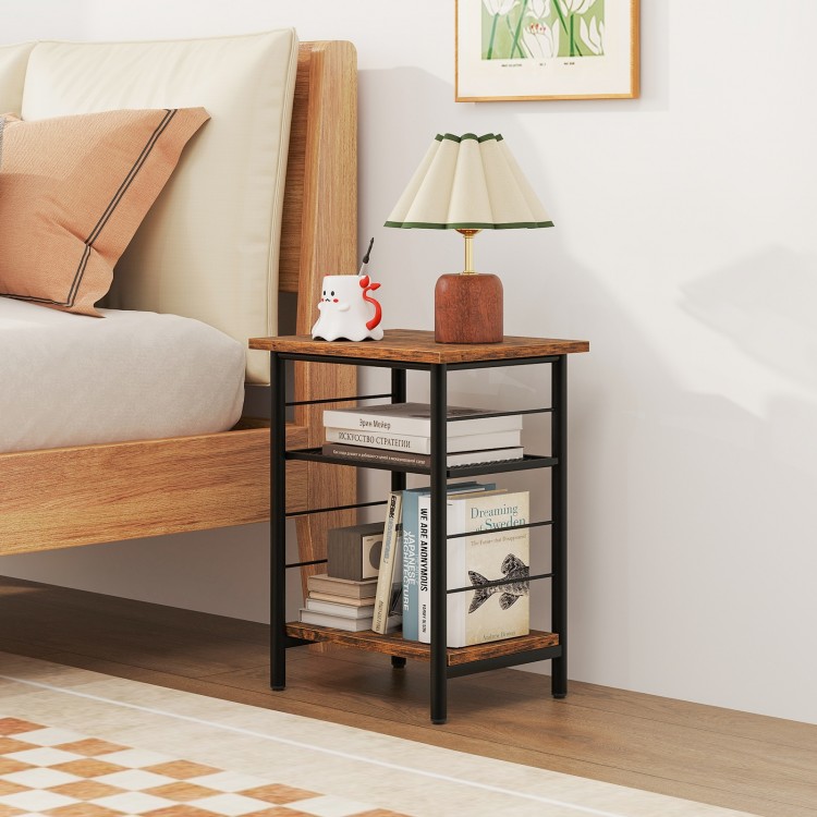 Rustic brown 3-tier end table with sturdy metal frame and adjustable mesh shelves, ideal for books and decorative items.