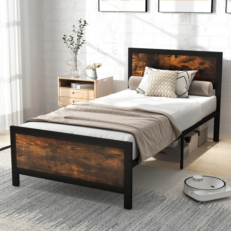 Twin size metal bed frame with rustic wood grain headboard, sturdy support legs, and 11" under-bed storage space.