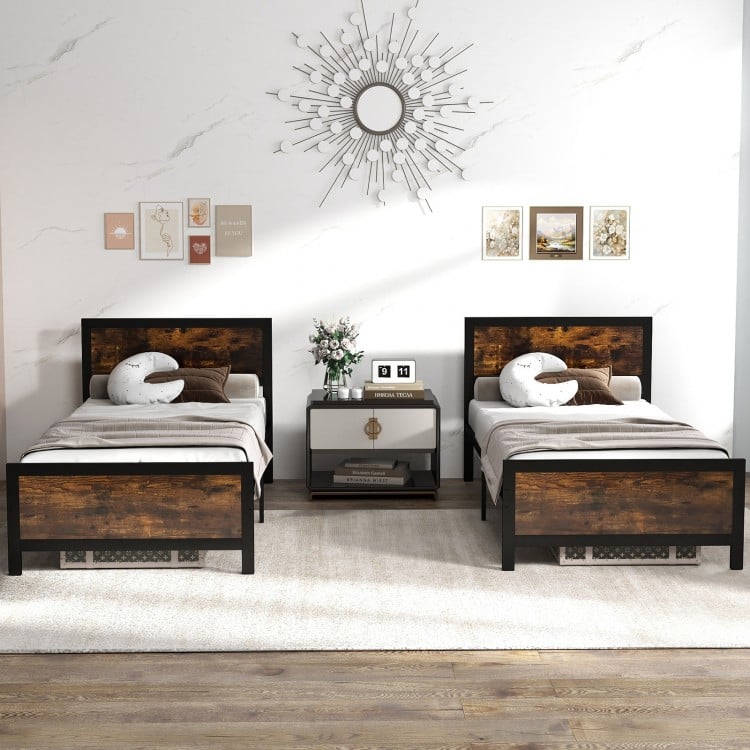 Twin size metal bed frame with rustic wood grain, sturdy support legs, and 11" under-bed storage for organized space.