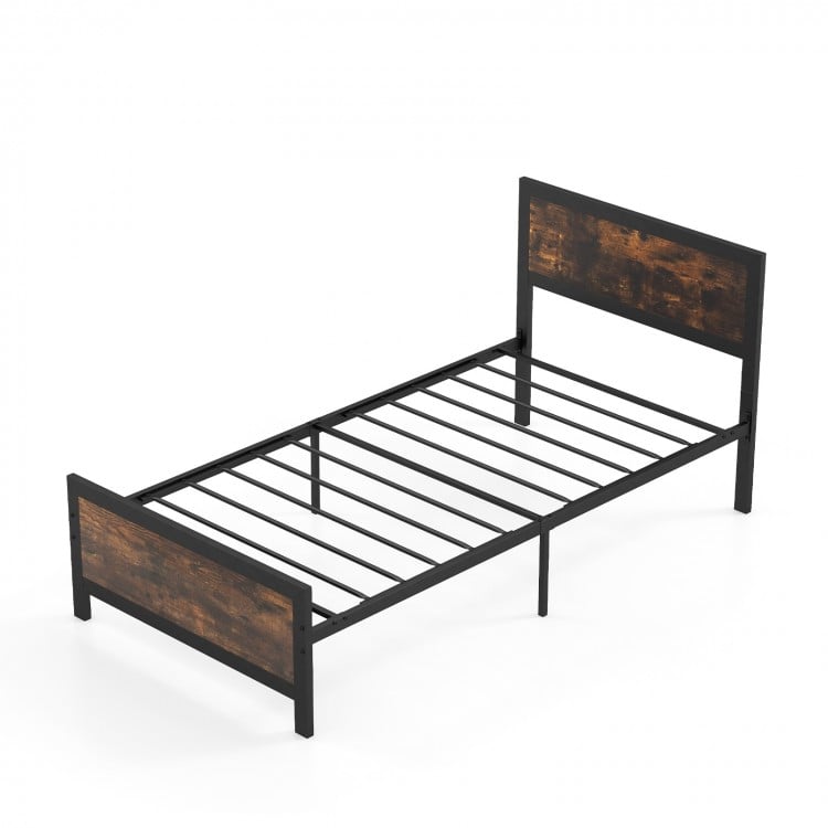 Twin size metal bed frame with rustic wood grain headboard and footboard, featuring sturdy support and 11" under-bed.