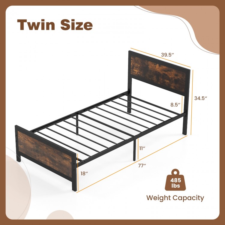 Twin size metal bed frame with rustic wood grain headboard, sturdy slats, and 11" under-bed storage for organization.