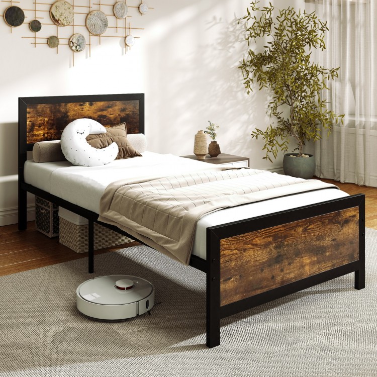 Twin size metal bed frame with rustic wood grain headboard and footboard, featuring 11" under-bed storage for.