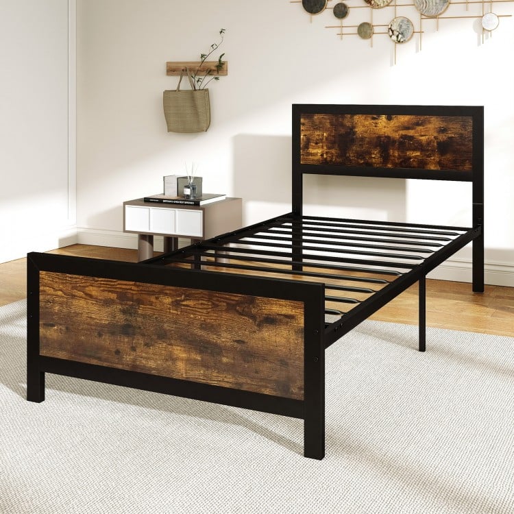 Twin size metal bed frame with rustic wood grain headboard and footboard, featuring sturdy support legs and 11".