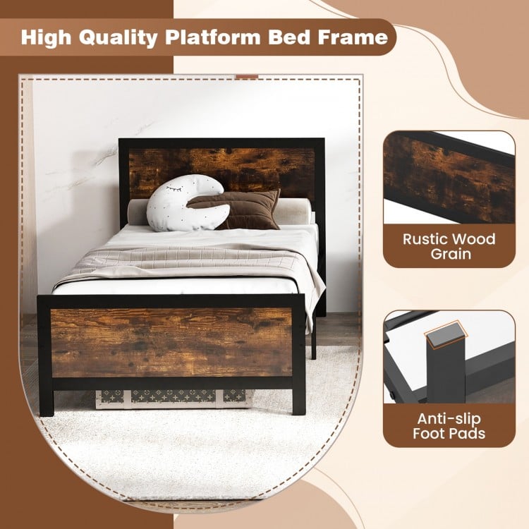 Twin size metal bed frame with rustic wood grain, sturdy support legs, and anti-slip foot pads for stability and style.