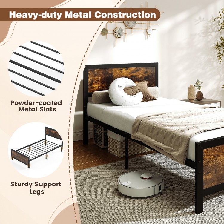Twin size metal bed frame with rustic wood grain, sturdy support legs, and powder-coated metal slats for reliable.