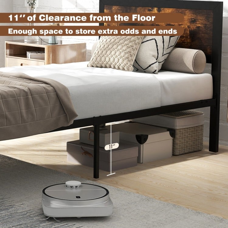 Twin size metal bed frame with rustic wood grain, featuring 11" under-bed storage space for organization.