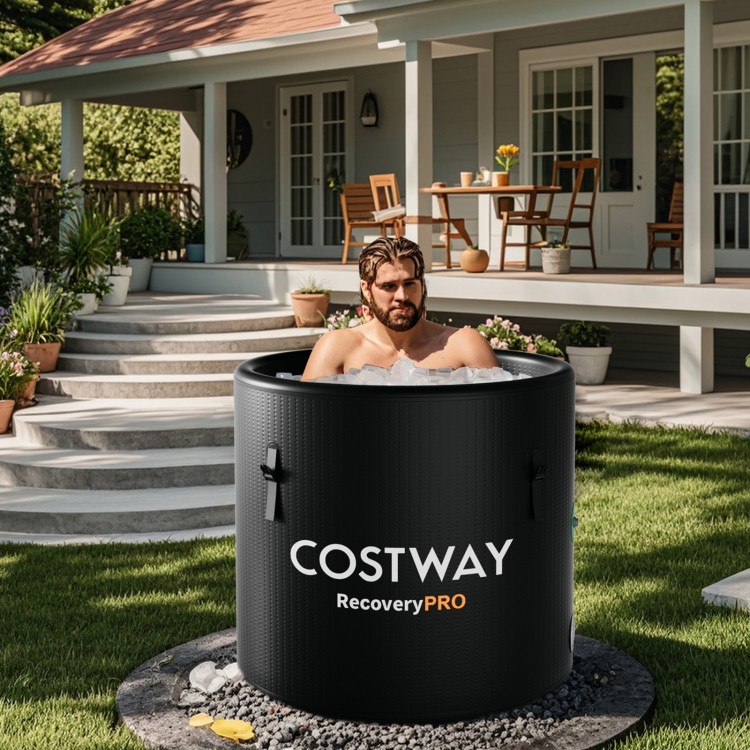 Black 79 Gal cold plunge tub with cover, featuring durable PVC and insulation for muscle recovery and relaxation.