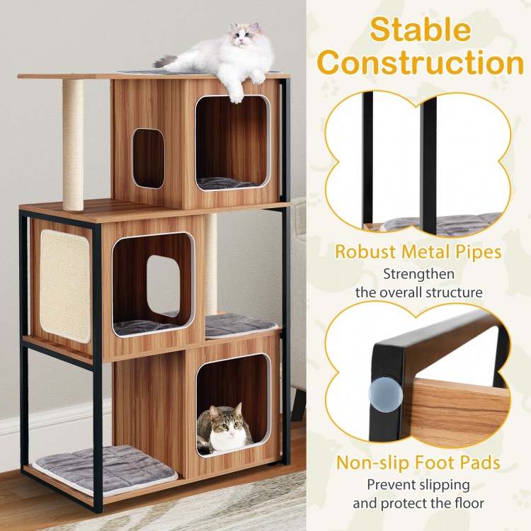 Modern cat tree with metal frame, spacious condos, and sisal scratching posts for comfortable feline exploration.