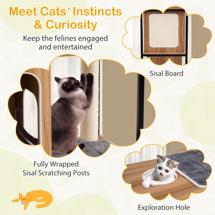 Sisal board and exploration hole on the Modern Cat Tree Cat House with metal frame for feline entertainment and comfort.