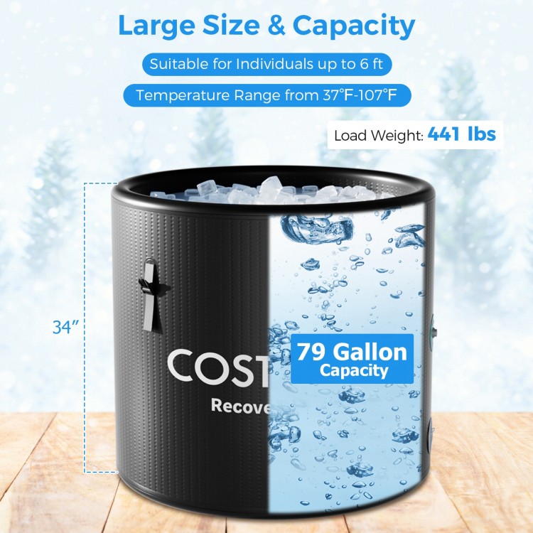 79-gallon black water chiller tub with cover, designed for individuals up to 6 ft, offers muscle relaxation and.