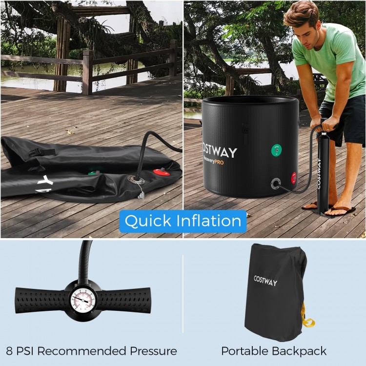 79 Gal black water chiller tub with cover, featuring quick inflation pump and portable backpack for easy transport.