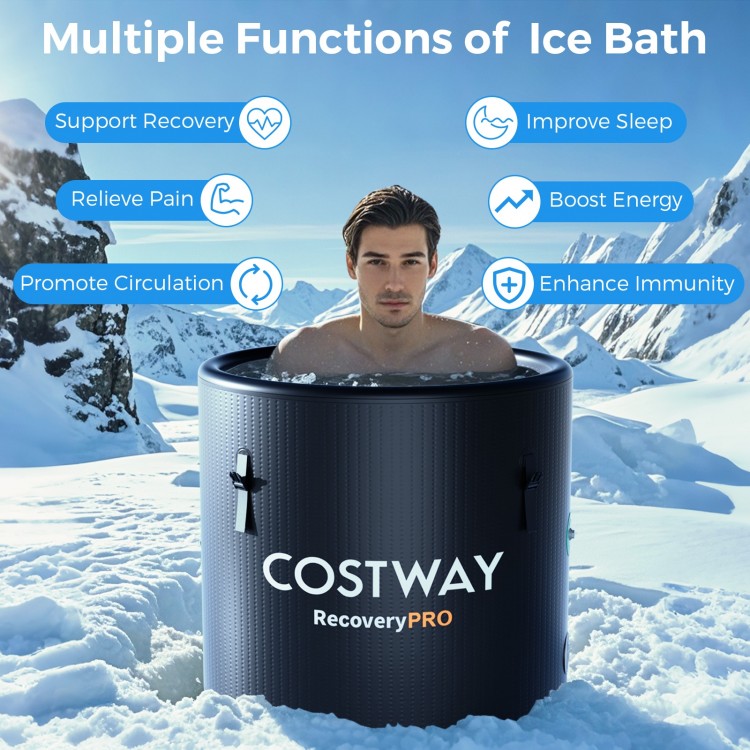 79-gallon black cold plunge tub with cover, made from durable PVC, for muscle relaxation and faster recovery.