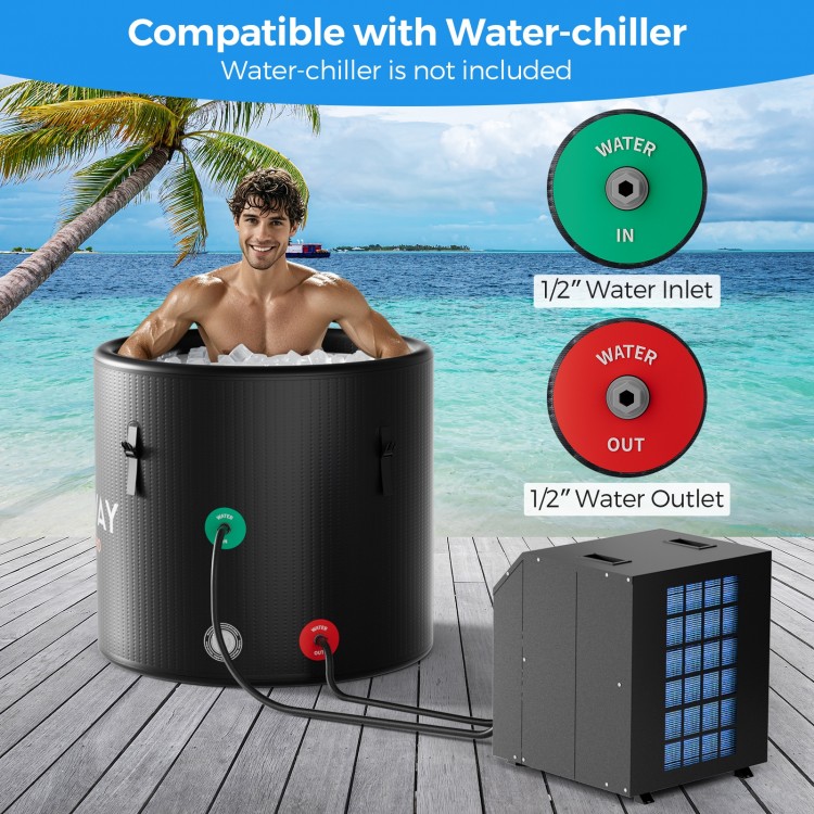 Cold plunge tub with cover in black, 79-gallon capacity, featuring 1/2" water inlet and outlet for water chiller.