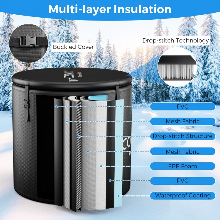 79 Gal black water chiller tub showcasing multi-layer insulation and drop-stitch technology for durability and.