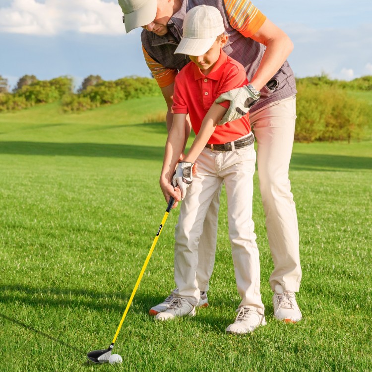 Junior #3 fairway wood golf club with fiberglass shaft, designed for kids ages 8-10, shown in use on the golf course.
