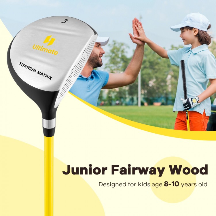 34-inch junior fairway wood golf club with yellow fiberglass shaft, ideal for kids ages 8-10, shown with headcover.