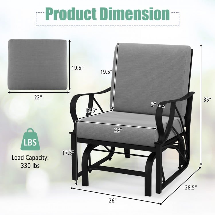 Patio glider rocking chair with gray thick cushion, curved armrests, and dimensions for outdoor relaxation.