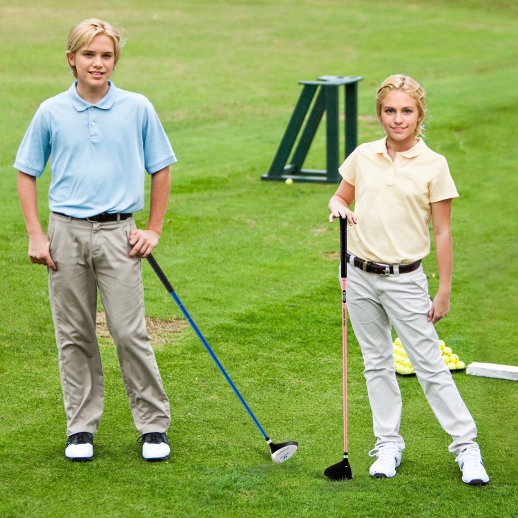 Junior #3 fairway wood golf club in pink, designed for kids ages 11-14, featuring a fiberglass shaft and rubber grip.