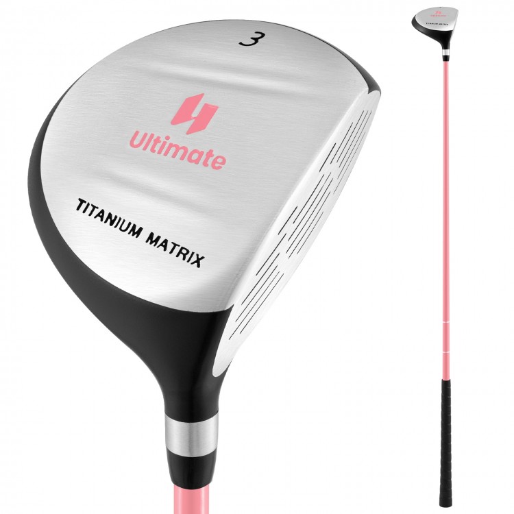 Junior #3 fairway wood golf club in pink with aluminum alloy head and fiberglass shaft, ideal for kids ages 11-14.