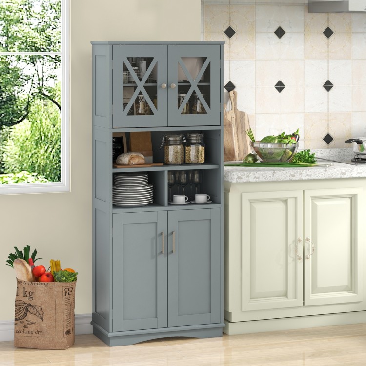 Tall gray bathroom cabinet with acrylic doors, showcasing a stable base and convenient handles for easy access.