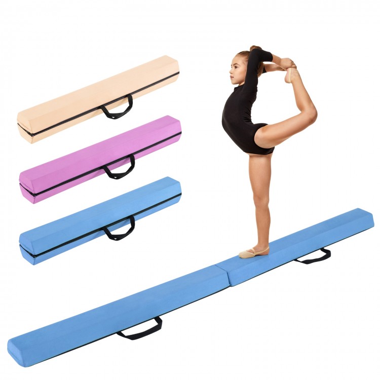 Folding balance beam in blue with removable suede cover, ideal for home gymnastics training and easy transport.
