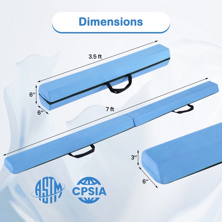 7 FT folding balance beam in navy with removable suede cover, showcasing dimensions and anti-slip bottom for home.