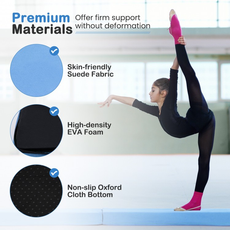 Folding balance beam with removable suede cover, non-slip bottom, ideal for home gymnastics training and easy storage.