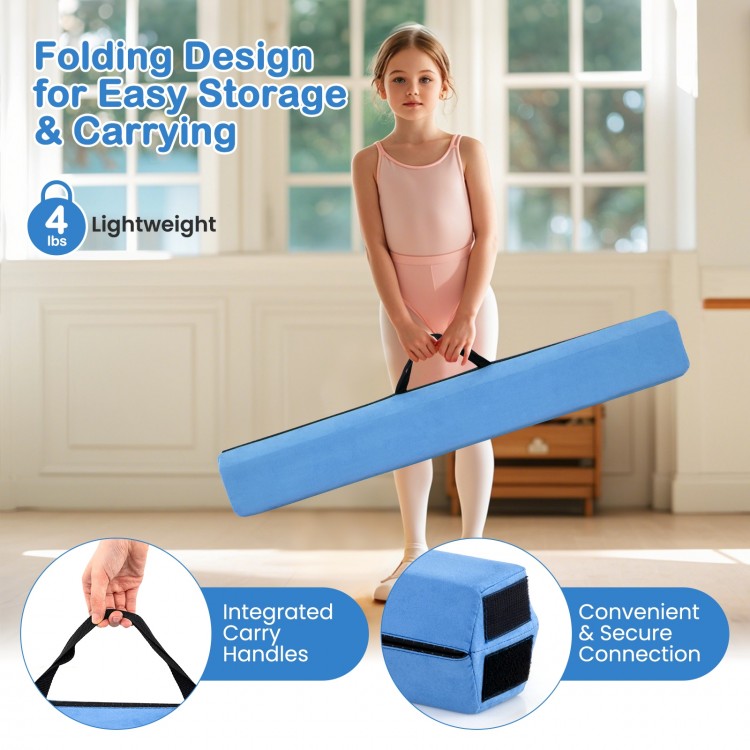 7 FT folding balance beam in navy with suede cover, featuring carry handles for easy transport and storage.