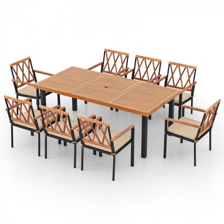 Rectangular 9-piece patio dining set featuring a 39.5-inch acacia wood table and 8 cushioned chairs for outdoor.