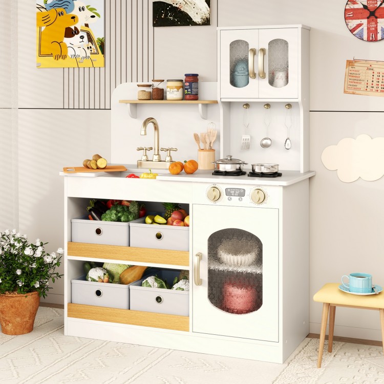 Kids kitchen playset in white with realistic stove, sink, and ample storage for organizing cooking accessories.
