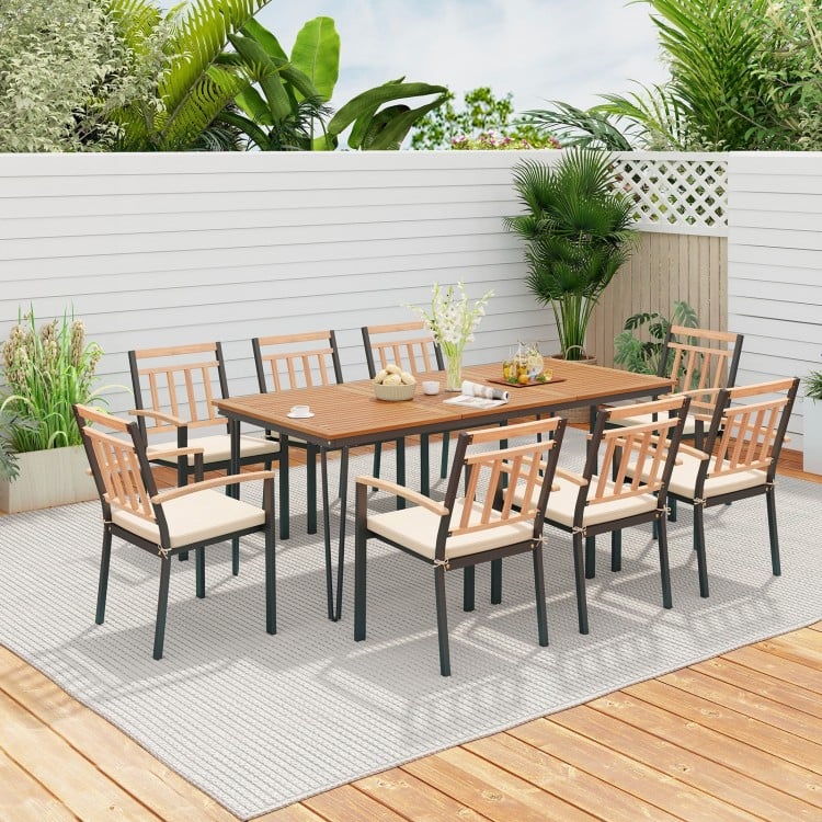9-piece patio dining set featuring a 35.5-inch acacia wood table and 8 chairs with cushions, perfect for outdoor.