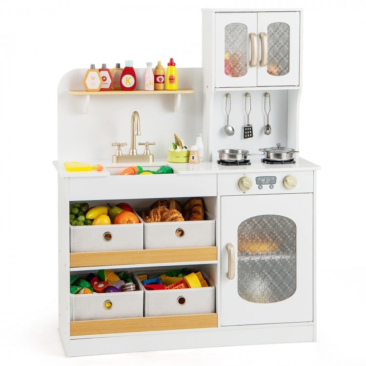 Kids kitchen playset in white with realistic stove, sink, and storage drawers, perfect for imaginative cooking fun.