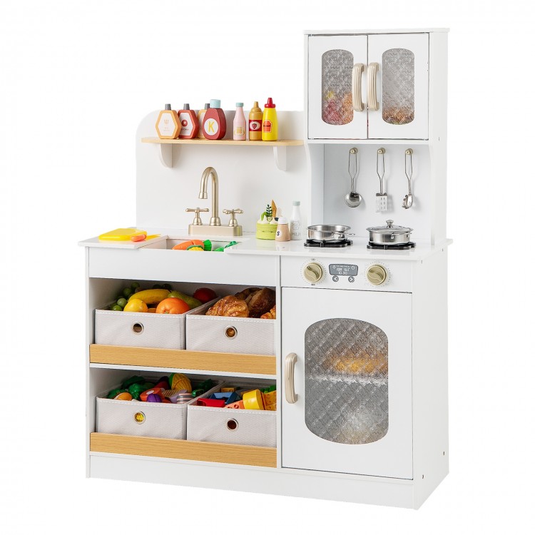 Kids kitchen playset in white with cooking accessories, sink, and storage drawers for imaginative play and organization.