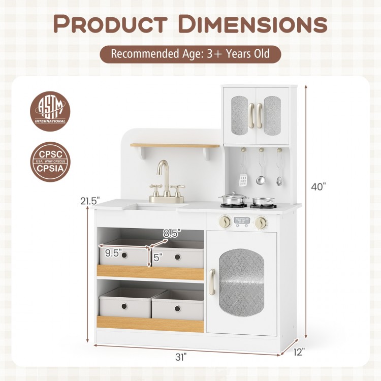 Kids kitchen playset in white with realistic stove, sink, and ample storage for imaginative cooking play.