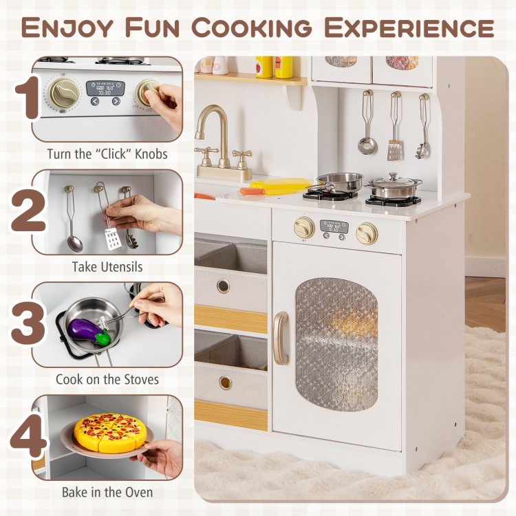 Kids kitchen playset in white with realistic stoves, oven, and cooking accessories for imaginative play and.