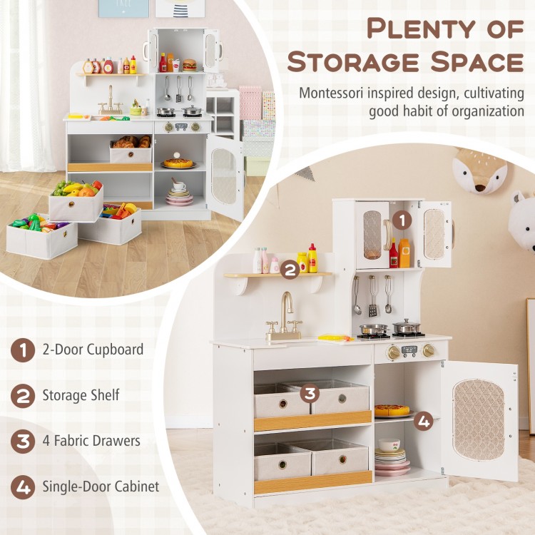 Kids kitchen playset in white with 2-door cupboard, storage shelves, and 4 fabric drawers for organized play.