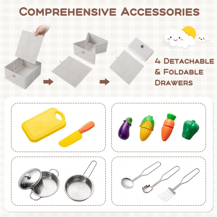 Kids kitchen playset featuring 4 detachable foldable drawers and realistic cooking accessories for imaginative play.