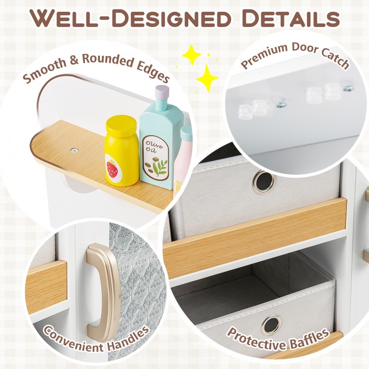 Kids kitchen playset detail showing convenient handles, protective baffles, and smooth rounded edges for safety.