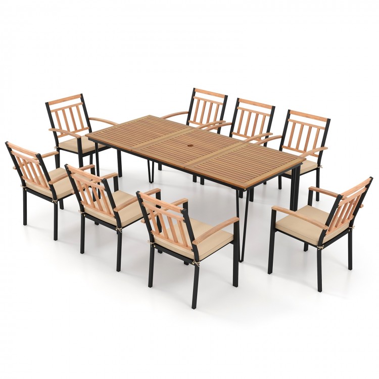 9-piece patio dining set featuring a 35.5-inch acacia wood table and 8 ergonomic chairs with cushions for outdoor.