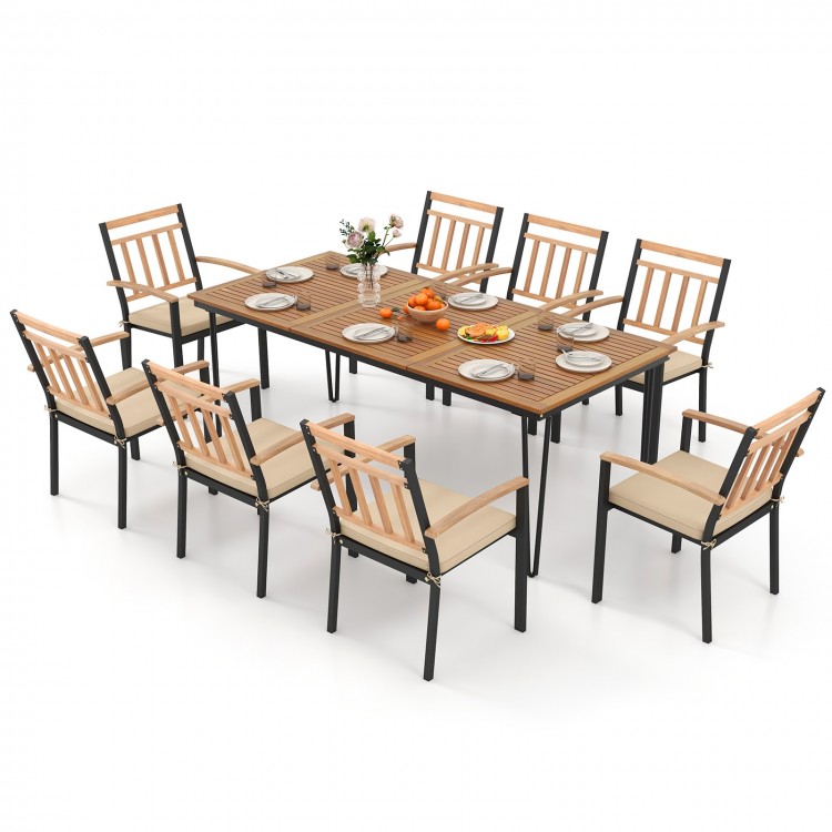 Spacious 35.5-inch acacia wood dining table with umbrella hole, surrounded by 8 stylish chairs for outdoor entertaining.