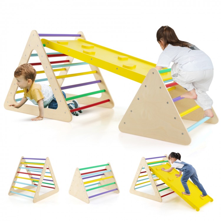 Colorful 3-piece toddler triangle set featuring two climbing triangles and a ramp for active play and skill development.
