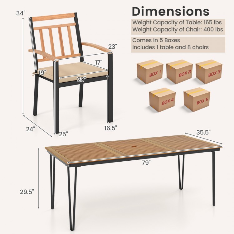 9-piece patio dining set featuring a 35.5-inch acacia wood table and 24-inch wide chairs, ideal for outdoor gatherings.