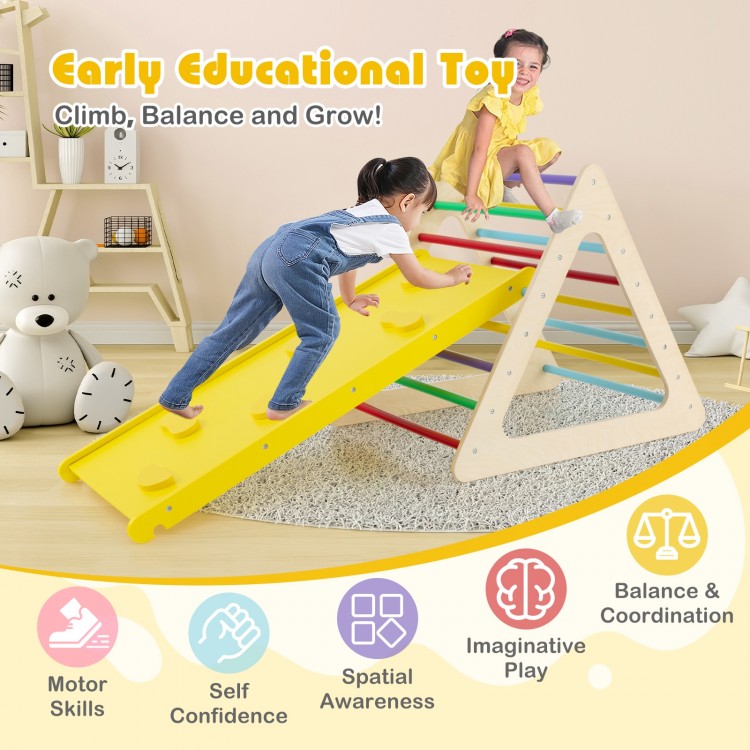 Colorful 3-piece toddler triangle set with climbing ramp and two triangles, promoting balance and coordination for.
