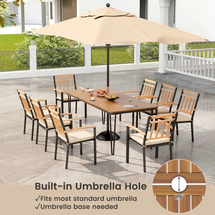 9-piece patio dining set featuring a 35.5-inch acacia wood table with an umbrella hole and 8 ergonomic chairs for.