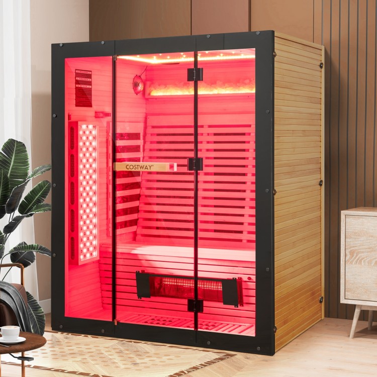 Infrared wooden sauna room for 3 people with RGB lighting, mica heating panels, and red light tubes for relaxation.