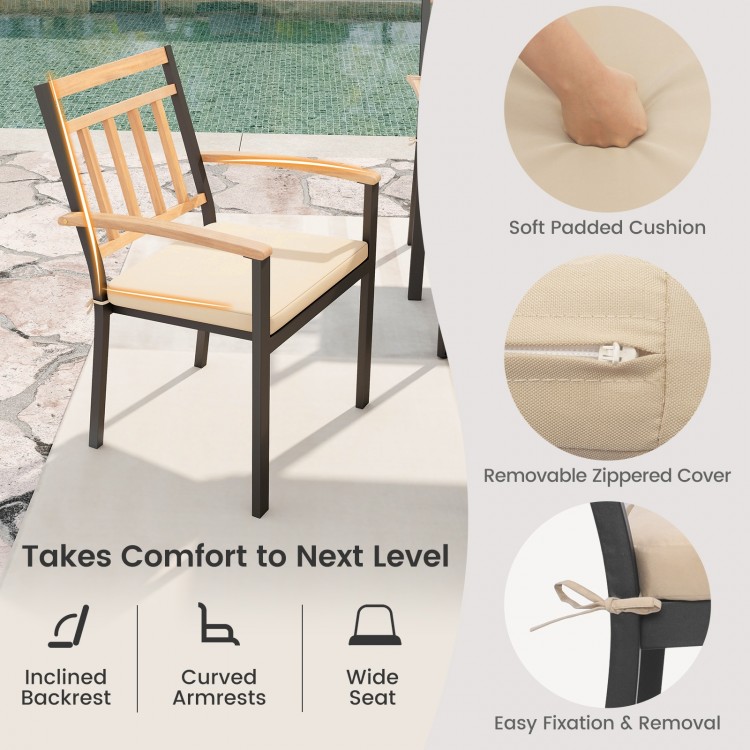 Single chair with soft padded cushion, curved armrests, and removable zippered cover for outdoor dining comfort.